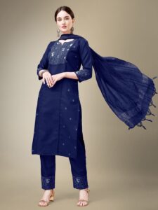 Navy Blue Fully Stitched Cotton Blend Kurti Pant Dupatta Design No 1115