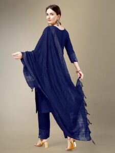 Navy Blue Fully Stitched Cotton Blend Kurti Pant Dupatta Design No 1115 - Image 2