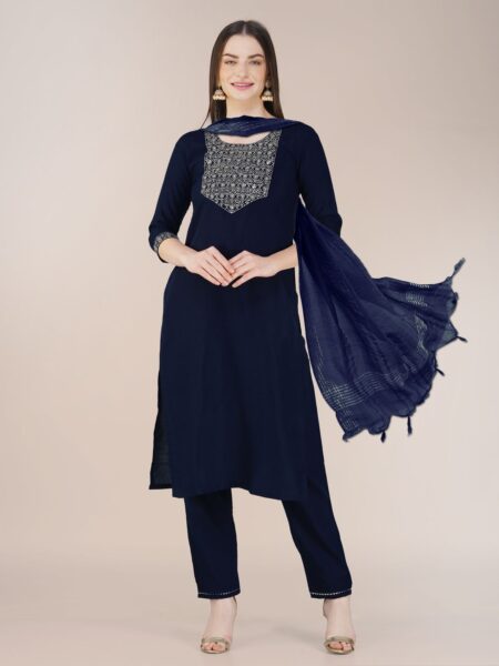 Navy Blue Fully Stitched Cotton Blend Kurti Pant Dupatta Design No 1120