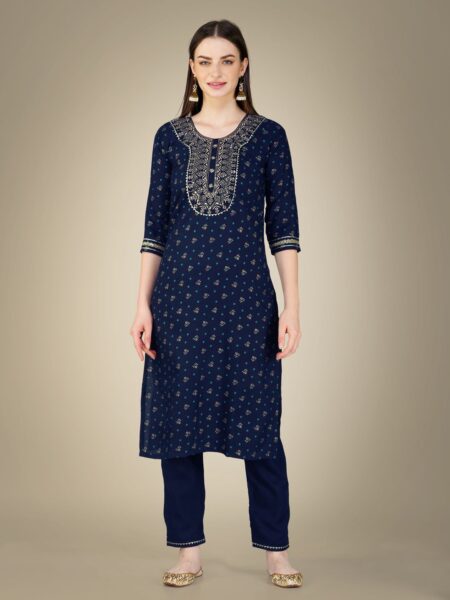 Navy Blue Fully Stitched Cotton Magic Slub Kurti Pant Dupatta Design No 1117