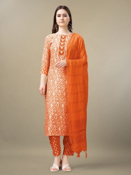 Orange Fully Stitched Rayon Kurti Pant Dupatta Design No 1133