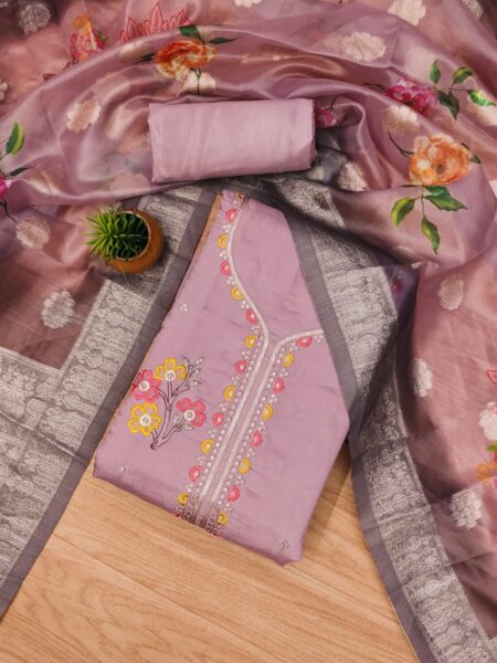 Orchid Premium Roman Silk PV Chanderi With Work And Organza Jacquard Digital Print Dupatta Dress Material