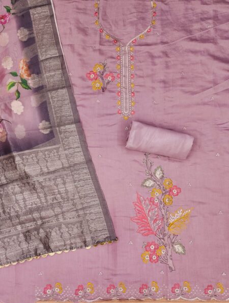 Orchid Premium Roman Silk PV Chanderi With Work And Organza Jacquard Digital Print Dupatta Dress Material - Image 2