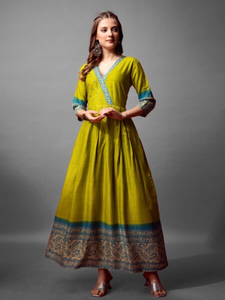 Parrot Green Fully Stitched Cotton Anarkali Gown Design No 1165