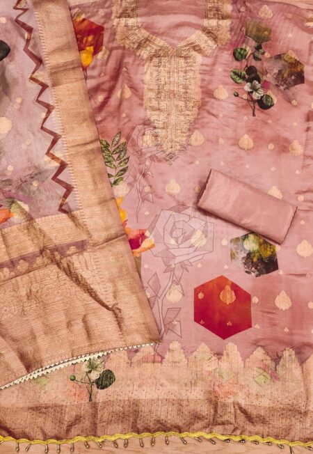 Peach Organza Jacquard Digital Print With Sirozki Diamond Dress Material - Image 2