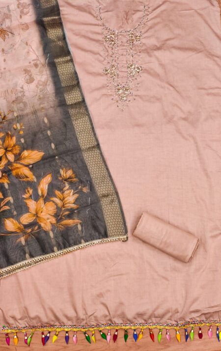 Peach Premium Roman Silk With Hand Work And Fancy Jacquard Digital Print Dupatta Dress Material - Image 2