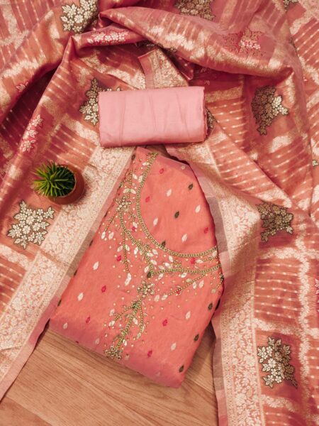 Peach Premium Simmar Jacquard With Handwork Dress Material