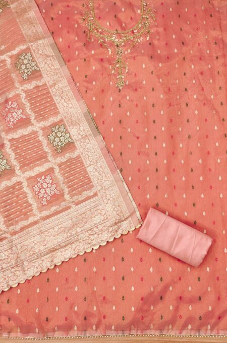 Peach Premium Simmar Jacquard With Handwork Dress Material - Image 2