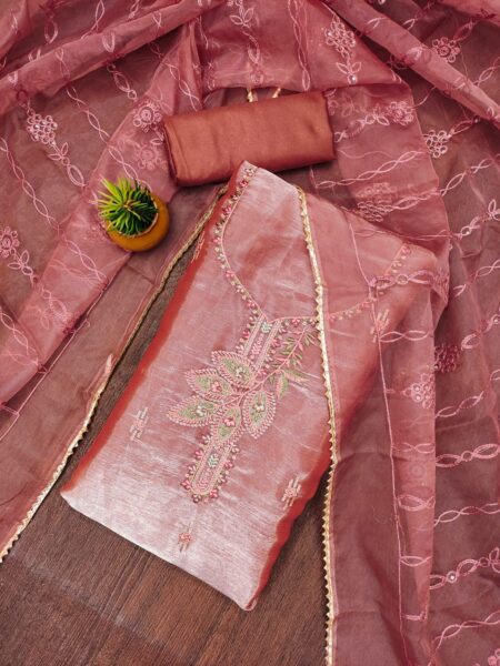 Pink Barbarik Silk With Organza Work Dupatta Dress Material