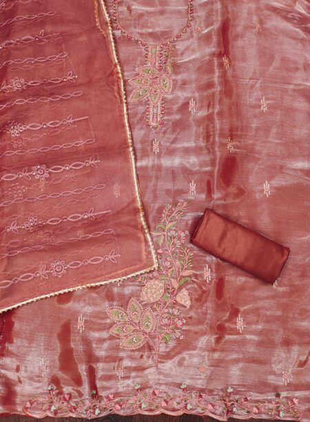 Pink Barbarik Silk With Organza Work Dupatta Dress Material - Image 2