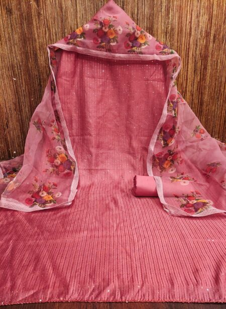 Pink Gadwal Crosshead Work With Organza Digital Print Dress Material - Image 2