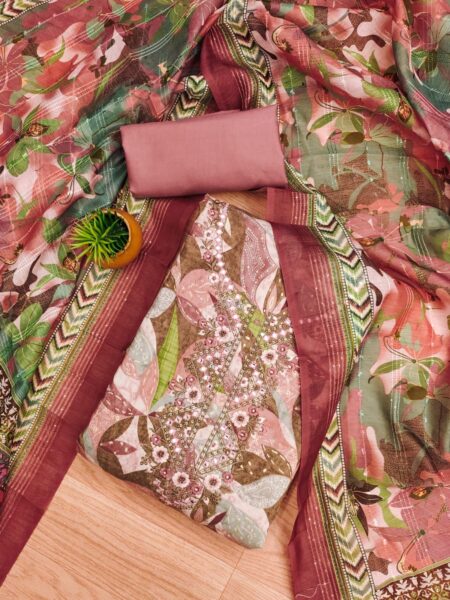 Pink Modal Print Foil With Work And Jacquard Digital Print Dupatta Dress Material