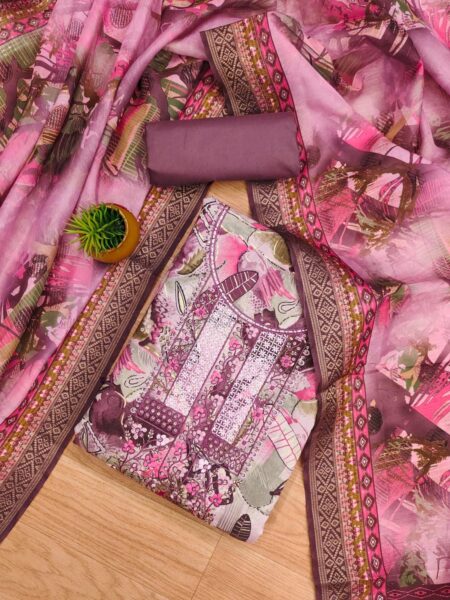 Pink Modal Print Foil With Work And Jacquard Digital Print Dupatta Dress Material