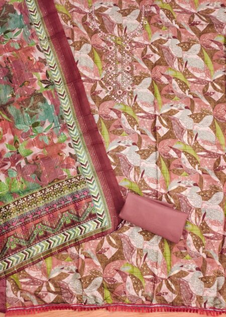 Pink Modal Print Foil With Work And Jacquard Digital Print Dupatta Dress Material - Image 2