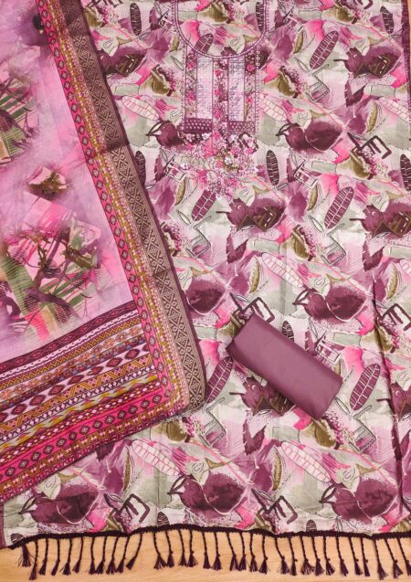 Pink Modal Print Foil With Work And Jacquard Digital Print Dupatta Dress Material - Image 2