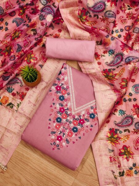 Pink Premium Roman Silk With Work And Organza Banarasi Pallu Digital Print Dupatta Dress Material