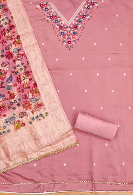 Pink Premium Roman Silk With Work And Organza Banarasi Pallu Digital Print Dupatta Dress Material - Image 2