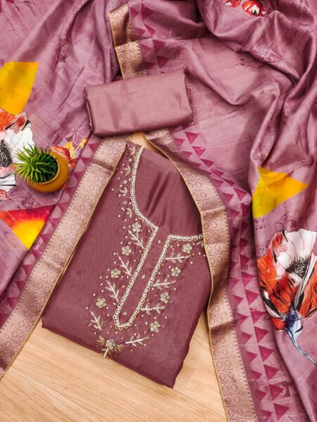 Pink Premium Simer Silk With Hand Work And Banarasi Jacquard Digital Print Dupatta Dress Material