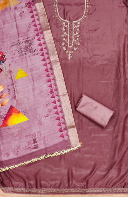 Pink Premium Simer Silk With Hand Work And Banarasi Jacquard Digital Print Dupatta Dress Material - Image 2