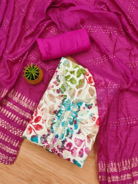 Pink Pure Cotton With Hand Work And Banarasi Jacquard Dupatta Dress Material