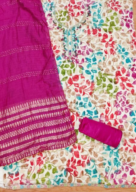 Pink Pure Cotton With Hand Work And Banarasi Jacquard Dupatta Dress Material - Image 2