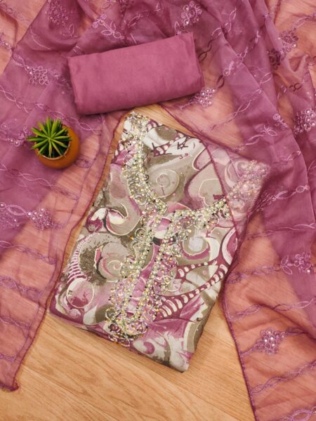 Pink Pure Cotton With Hand Work And Chinnon Work Dupatta With 4-Side Border Dress Material