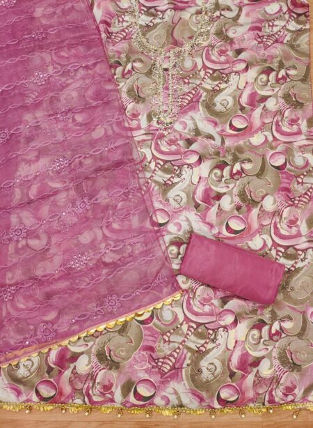 Pink Pure Cotton With Hand Work And Chinnon Work Dupatta With 4-Side Border Dress Material - Image 2