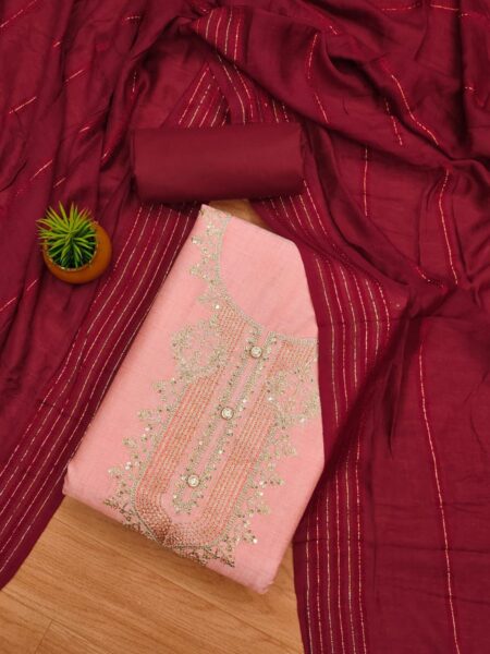 Pink Rayon Slub 2-Tone With Codding Work And Banarasi Jacquard Dupatta Dress Material