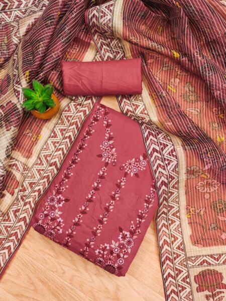 Pink Roman Silk PV Chanderi With Organza Jacquard Print Dress Material