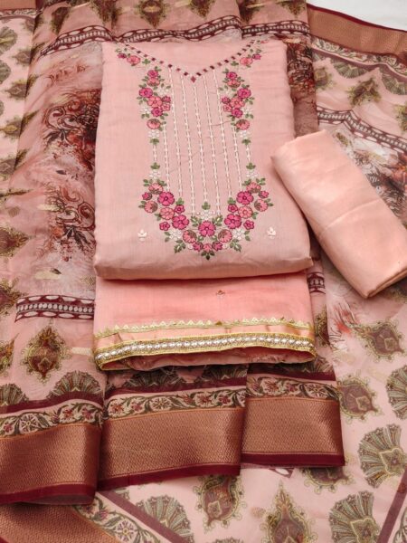 Pink Roman Silk PV Chanderi With Organza Jacquard Print Dupatta Dress Material