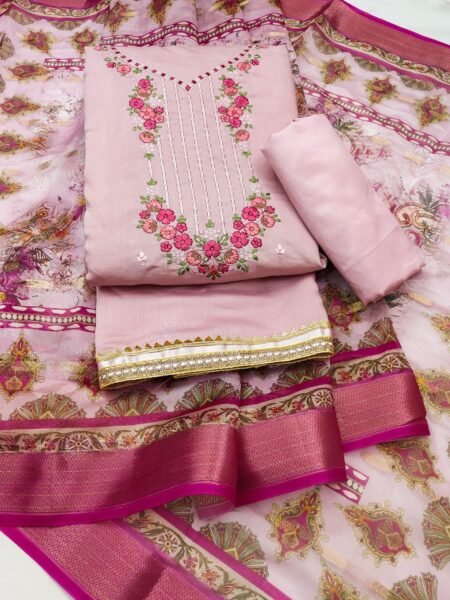 Pink Roman Silk PV Chanderi With Organza Jacquard Print Dupatta Dress Material