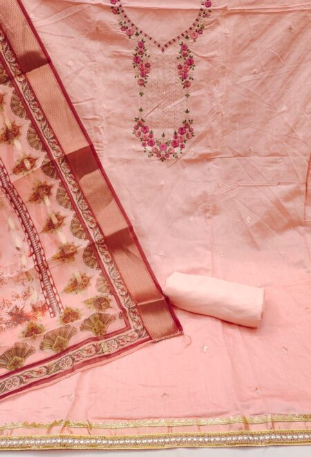 Pink Roman Silk PV Chanderi With Organza Jacquard Print Dupatta Dress Material - Image 2