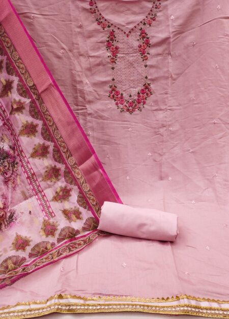 Pink Roman Silk PV Chanderi With Organza Jacquard Print Dupatta Dress Material - Image 2