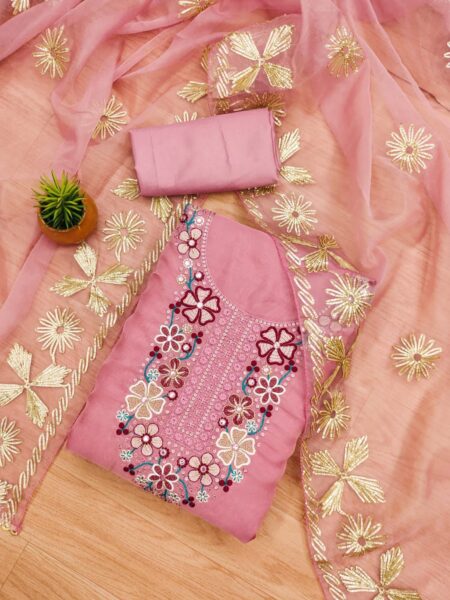 Pink Soft Organza With Fancy Multi Work And Gota Patti Full Work Dupatta Dress Material