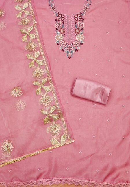 Pink Soft Organza With Fancy Multi Work And Gota Patti Full Work Dupatta Dress Material - Image 2