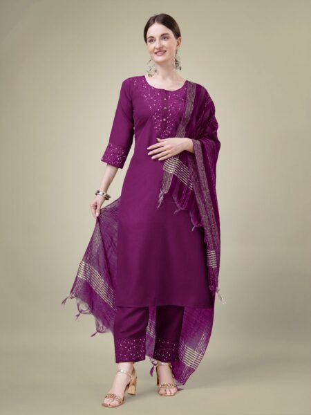 Purple Fully Stitched Cotton Blend Kurti Pant Dupatta Design No 1111