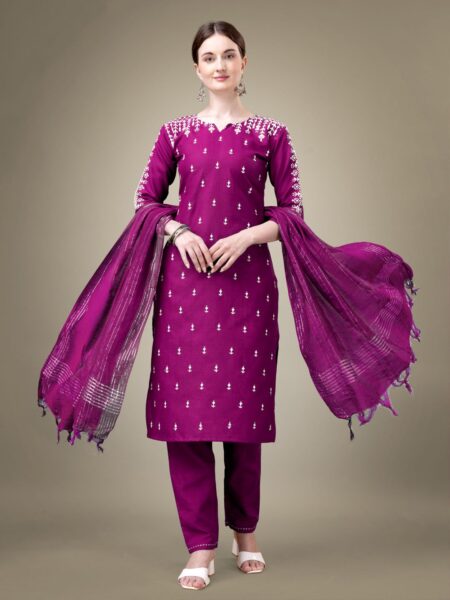 Purple Fully Stitched Cotton Blend Kurti Pant Dupatta Design No 1113