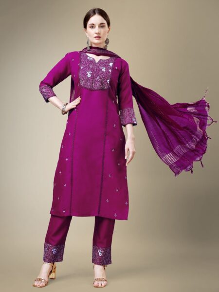 Purple Fully Stitched Cotton Blend Kurti Pant Dupatta Design No 1115