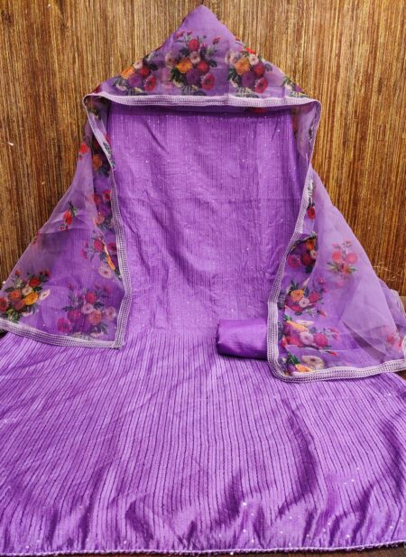 Purple Gadwal Crosshead Work With Organza Digital Print Dress Material - Image 2