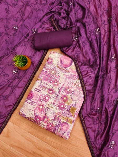 Purple Premium Cotton Foil Print With Embroidered Work Dress Material