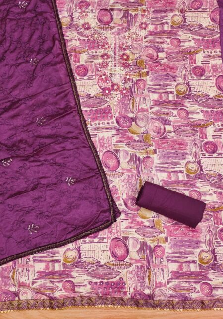 Purple Premium Cotton Foil Print With Embroidered Work Dress Material - Image 2