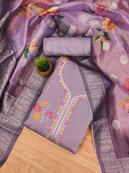 Purple Premium Roman Silk PV Chanderi With Work And Organza Jacquard Digital Print Dupatta Dress Material