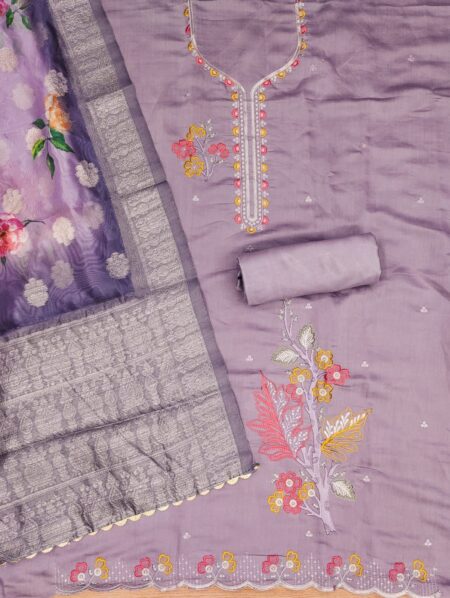 Purple Premium Roman Silk PV Chanderi With Work And Organza Jacquard Digital Print Dupatta Dress Material - Image 2