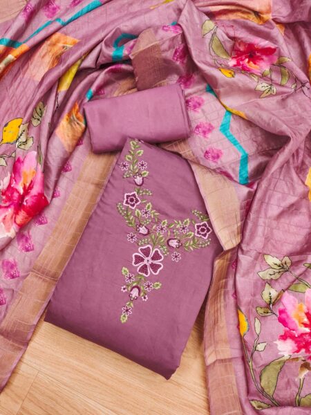 Purple Premium Roman Silk With Embroidery Work And Banarasi Jacquard Digital Print Dupatta Dress Material