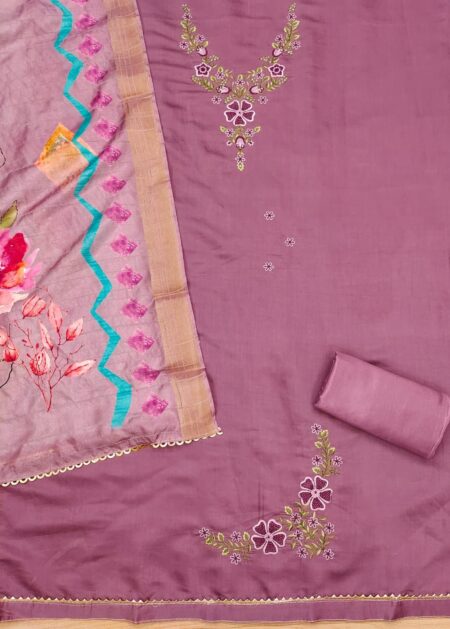 Purple Premium Roman Silk With Embroidery Work And Banarasi Jacquard Digital Print Dupatta Dress Material - Image 2