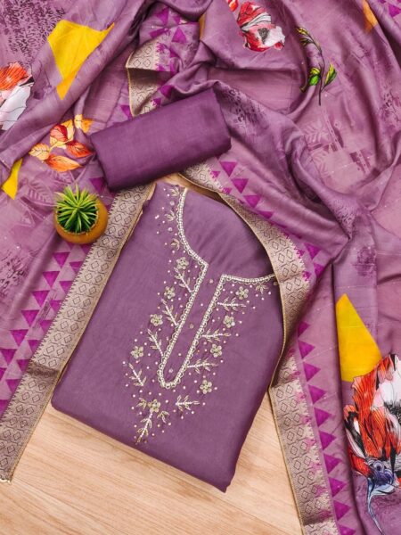 Purple Premium Simer Silk With Hand Work And Banarasi Jacquard Digital Print Dupatta Dress Material