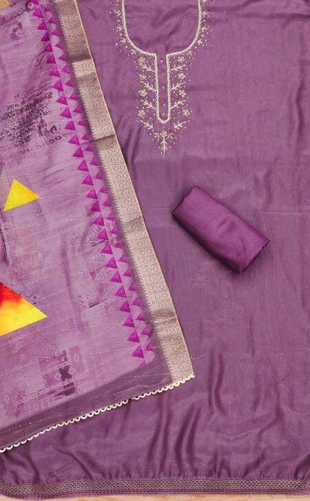 Purple Premium Simer Silk With Hand Work And Banarasi Jacquard Digital Print Dupatta Dress Material - Image 2