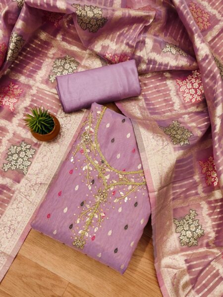 Purple Premium Simmar Jacquard With Handwork Dress Material