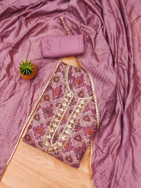 Purple Premium Tabby Organza With Handwork And Chinnon Heavy Work Dupatta Dress Material