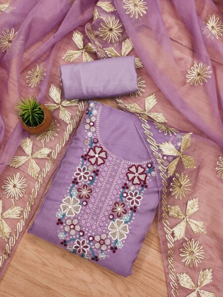 Purple Soft Organza With Fancy Multi Work And Gota Patti Full Work Dupatta Dress Material